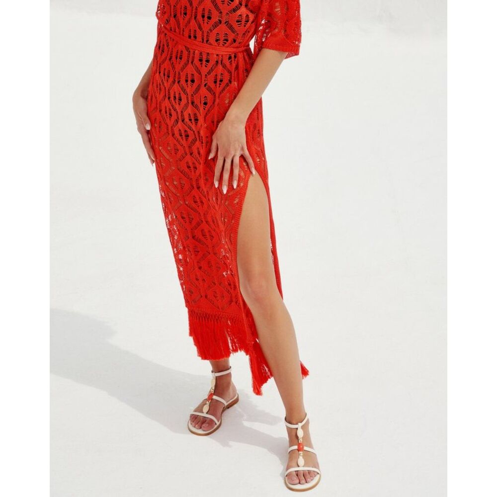ZARA LONG FRINGED OPEN KNIT TUNIC Red Ref 9874/013
